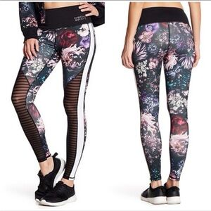 bebe Black and Pink Floral Leggings with Ribbed Panels size small